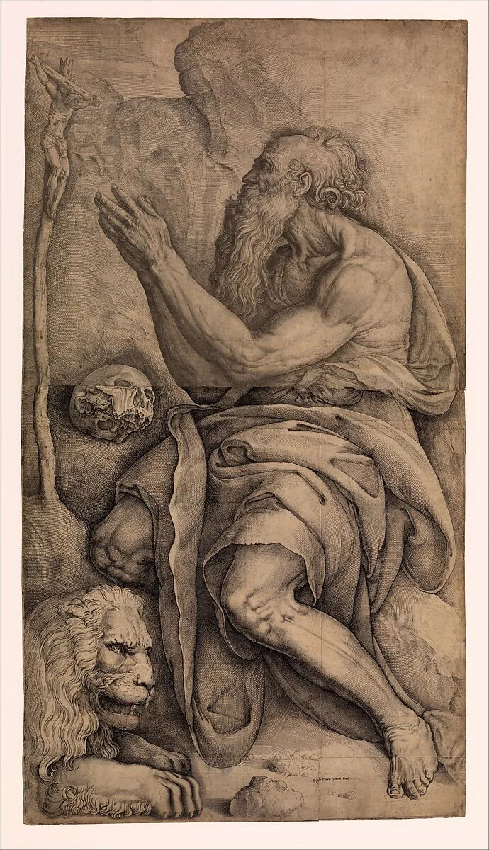 Saint Jerome kneeling before a crucifix, with a skull and lion — Battista Franco