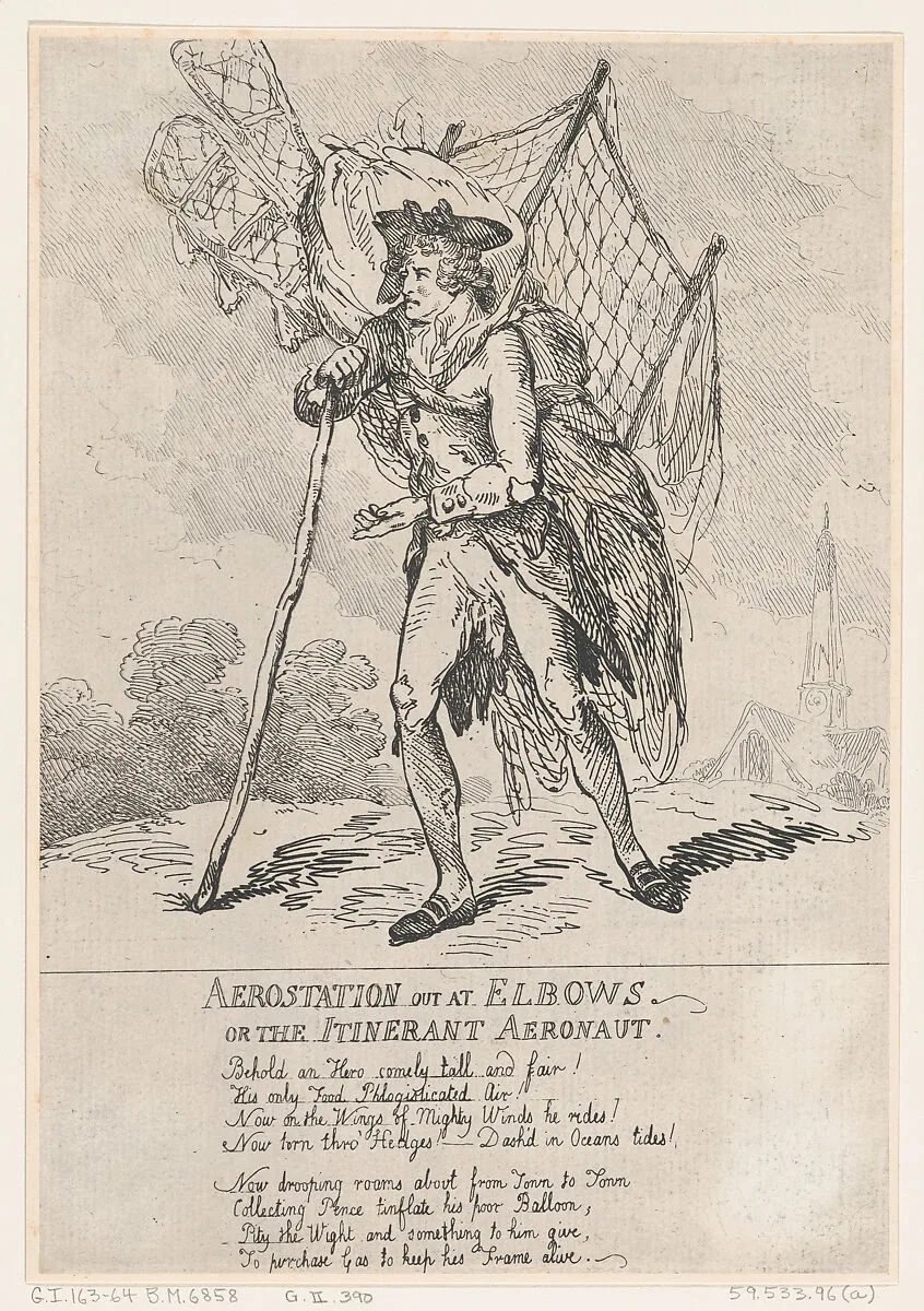 Aerostation out at Elbows, or The Itinerant Aeronaut — Thomas Rowlandson|Vincent Lunardi|S. W. Fores