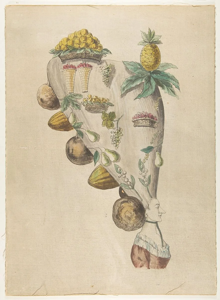 Fantastic Hairdresses with Fruit and Vegetable Motifs — Anonymous, French, 18th century