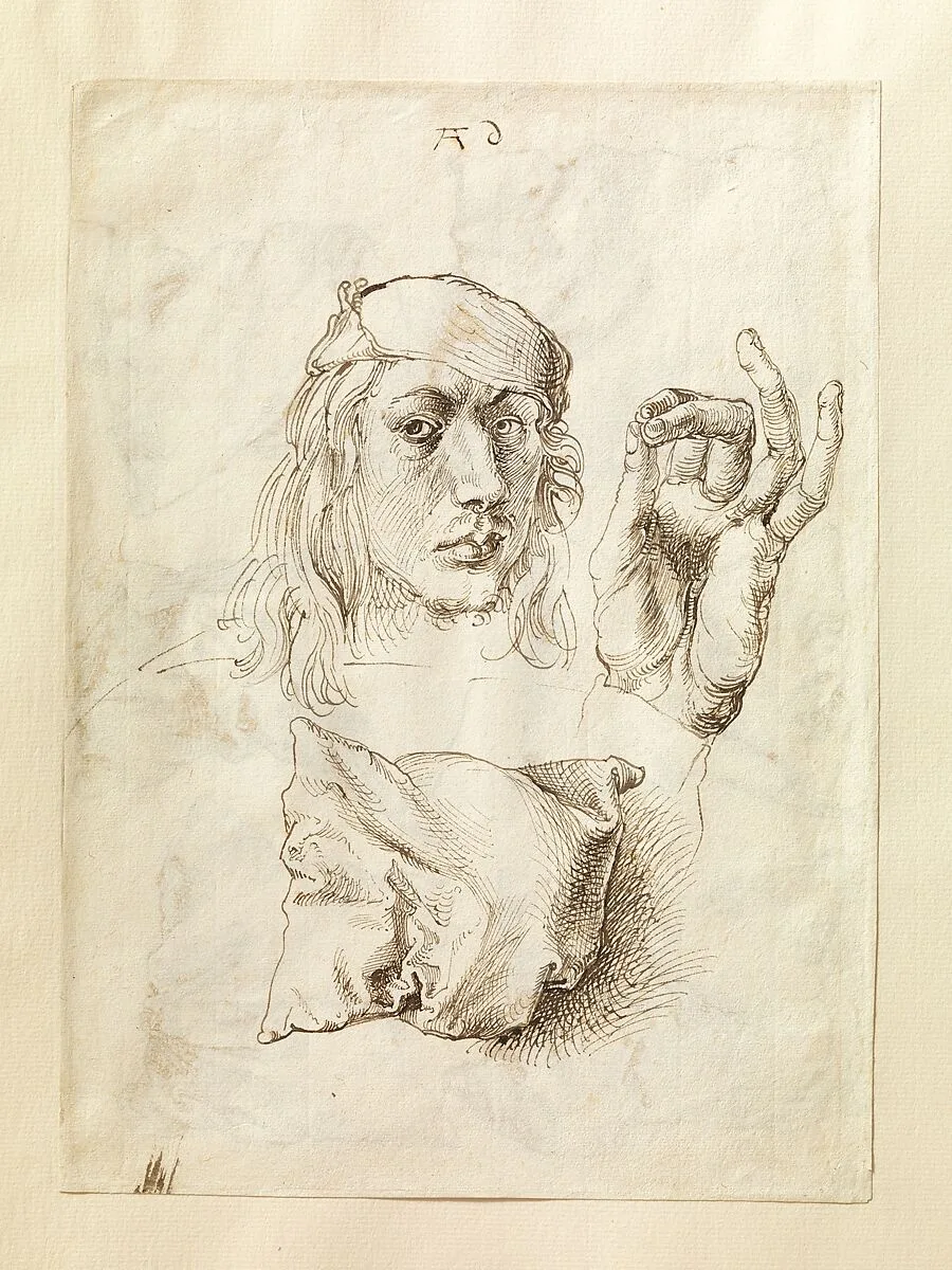 Self-portrait, Study of a Hand and a Pillow (recto); Six Studies of Pillows (verso) — Albrecht Dürer