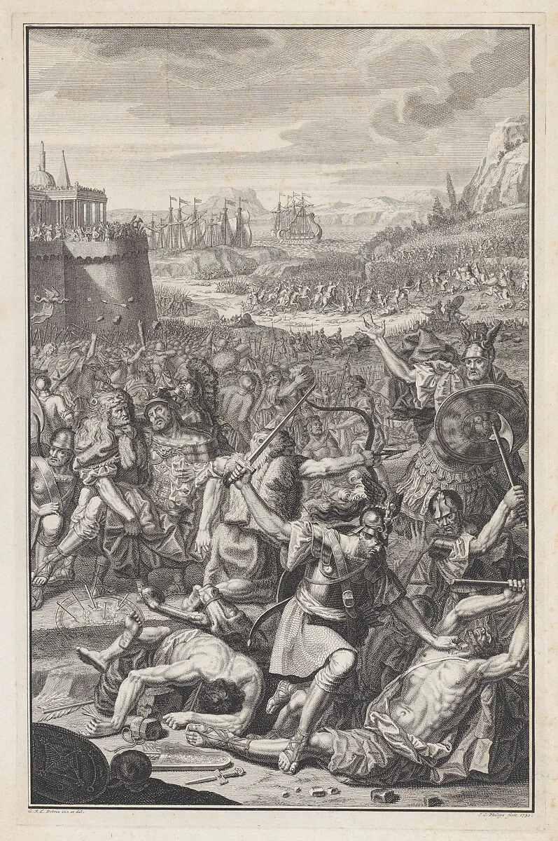 Battle scene with a man about to be stabbed with a sword at lower right — Guillaume Francois Laurent Debrie|Jan Caspar Philips