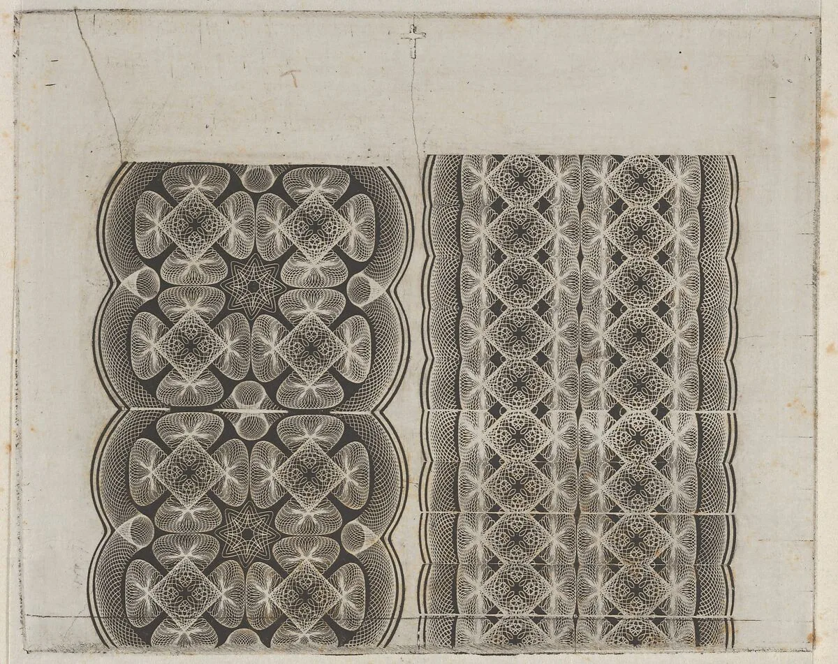 Banknote motifs: two bands of lace-like lathe work ornament — A. B. & C. Durand & Company|Durand, Perkins, and Company|Cyrus Durand