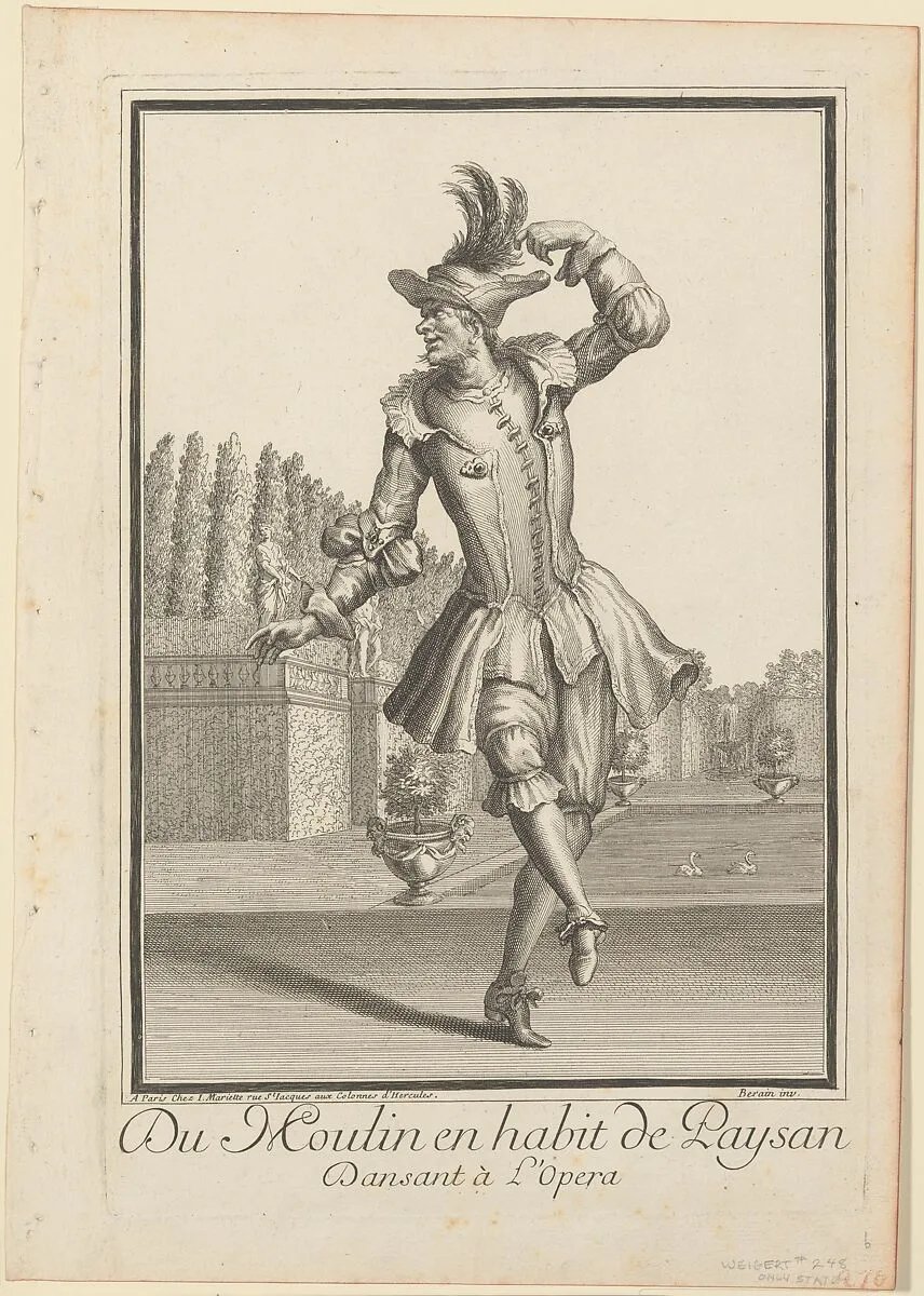 Du Moulin in Peasant Garb Dancing at the Opera — Jean Berain|Jean Mariette