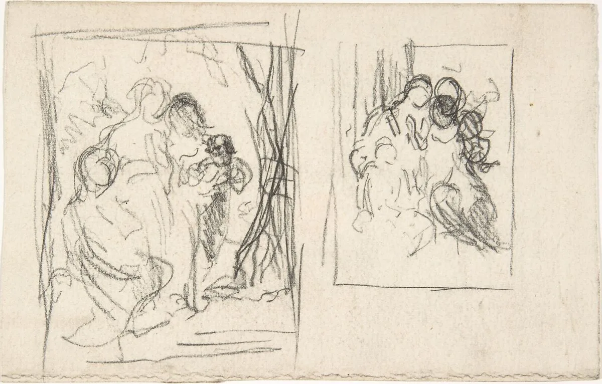 Two studies for a figure composition, including three women and a child — Narcisse-Virgile Diaz de la Peña