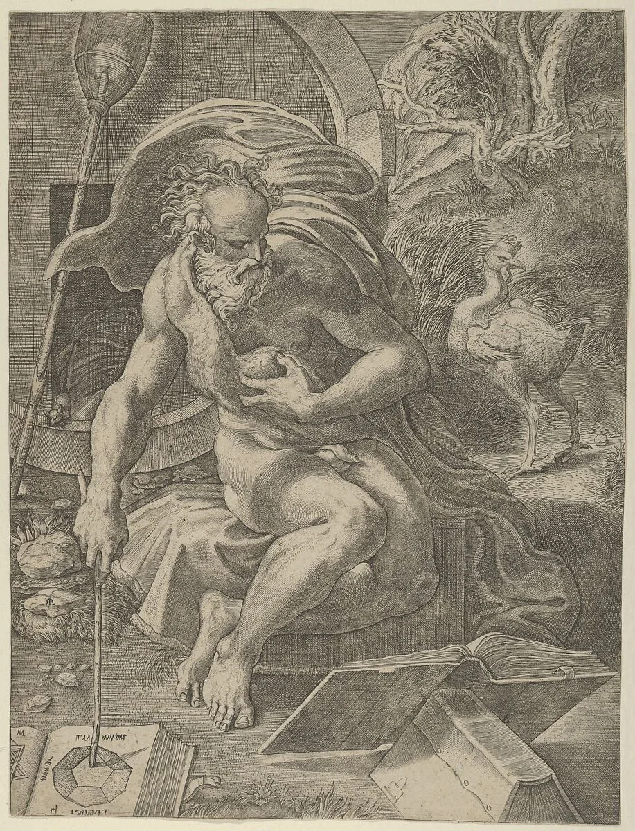 Diogenes seated with his barrel behind him, and reading a book while holding a stick that rests on a geometry book to his right — Giovanni Jacopo Caraglio|Parmigianino (Girolamo Francesco Maria Mazzola)
