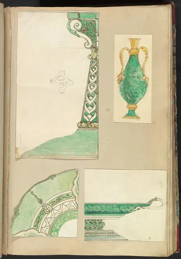Designs for a Candlestick, Two Handled Vase, Decorated Plate and Footed Dish