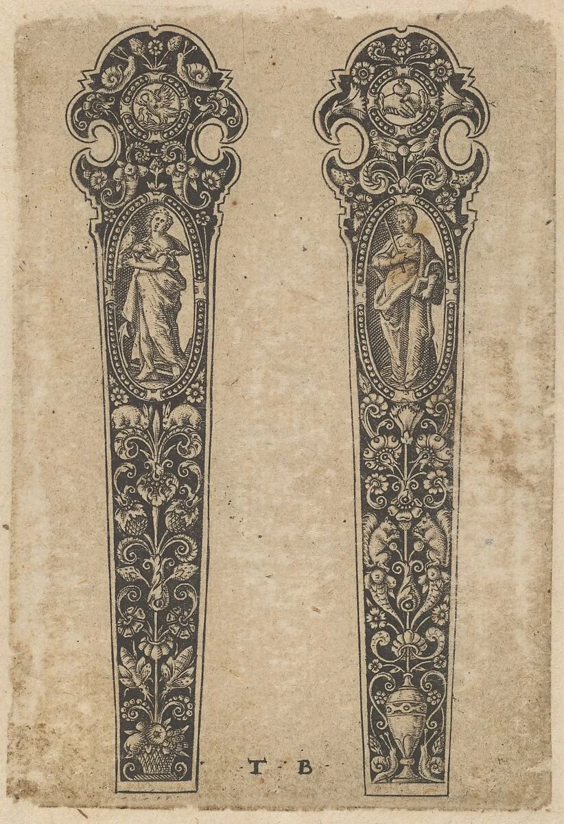 Design for Knife Handles with Personifications of Peace and Faith — Johann Theodor de Bry