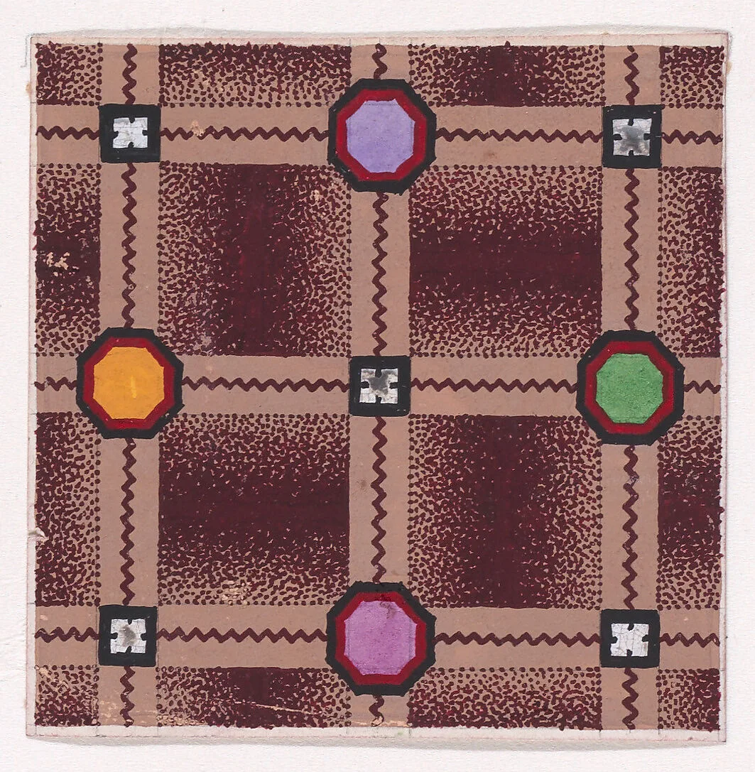 Textile Design with a Checked Pattern Decorated with Octagons and Squares over a Stippled Background — Anonymous, Alsatian, 19th century