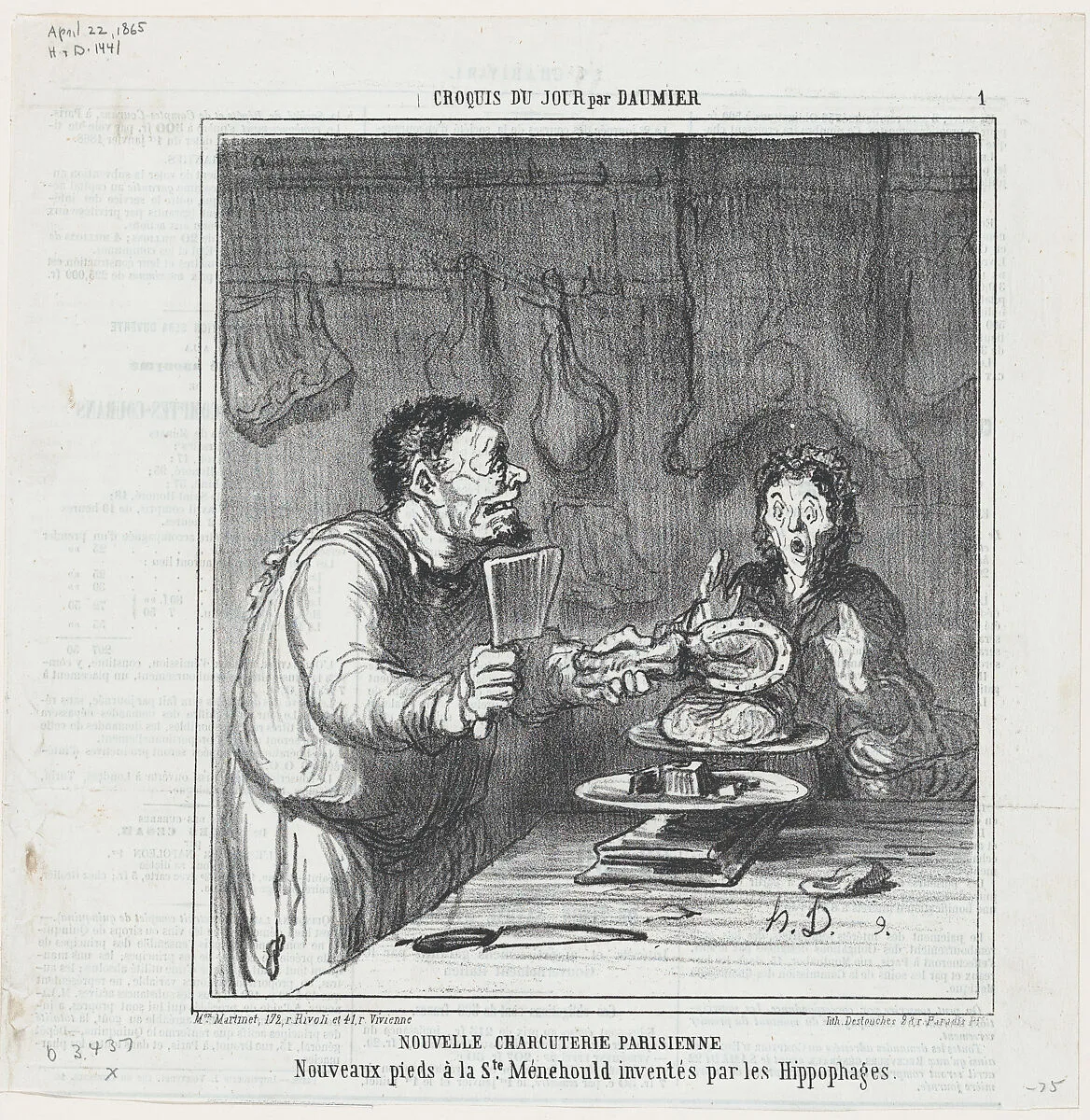 New Parisian butcher's shop, from 'Sketches of the day,' published in Le Charivari, April 22, 1865 — Honoré Daumier