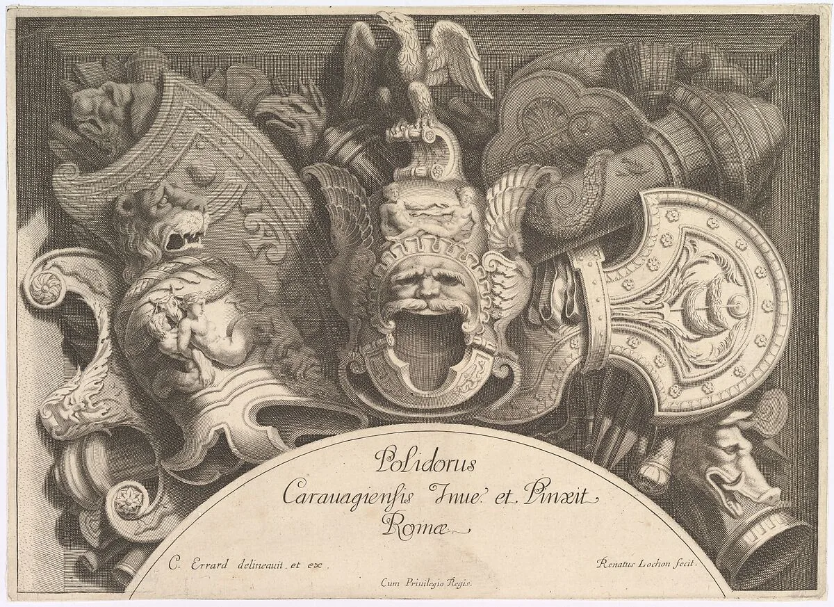 Divers Trophées (Weapon Trophies after the Façade of Palazzo Milesi in Rome) — René Lochon|Charles Errard le fils|Polidoro da Caravaggio