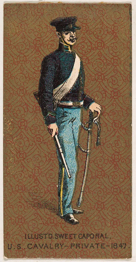 Private, Cavalry, United States Army, 1847, from the Military Series (N224) issued by Kinney Tobacco Company to promote Sweet Caporal Cigarettes — Kinney Brothers Tobacco Company