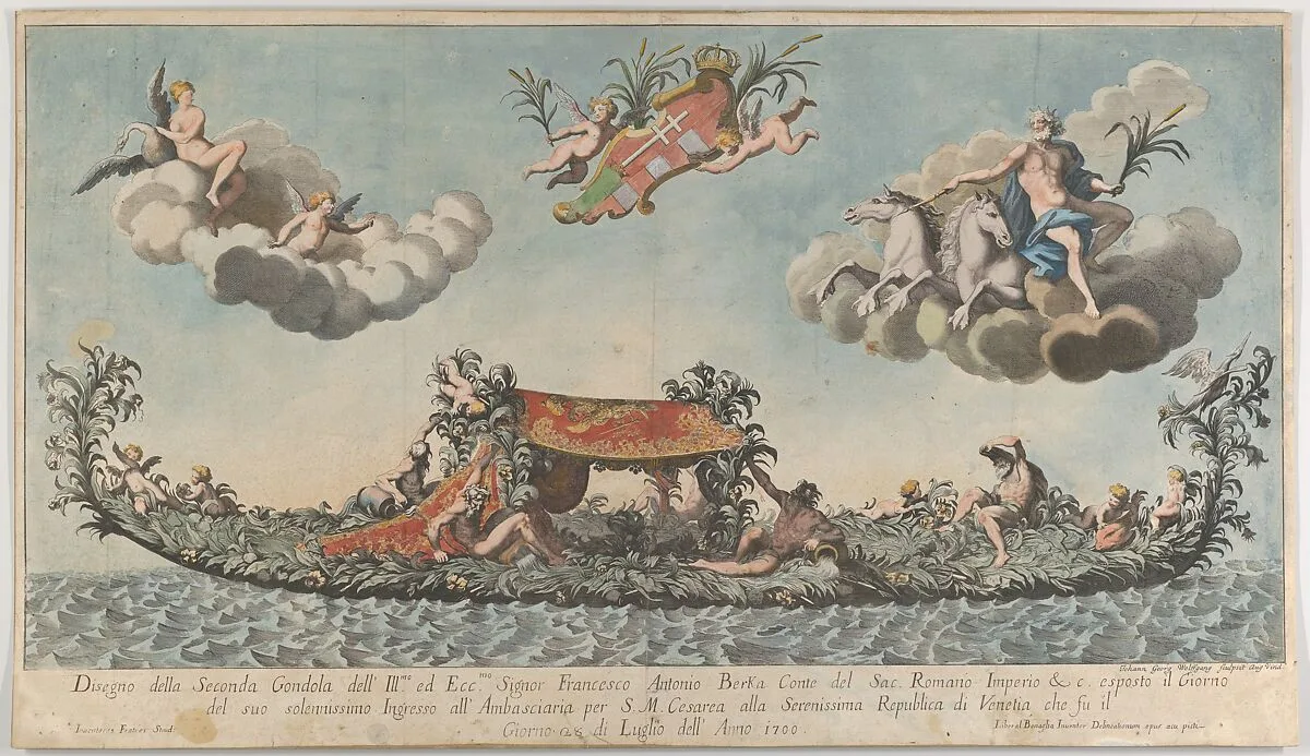 The highly ornamented second gondola of Francesco Antonio Berka entering Venice, Gods on clouds in the upper section — Liberal Benaglia|Johann Georg Wolfgang