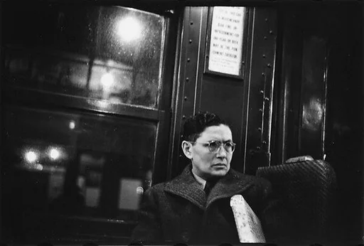 [Five 35mm Film Frames: Subway Passengers, New York City: Man, Woman and Man Beneath "Lex Ave Local" Sign, Men in Conversation]
