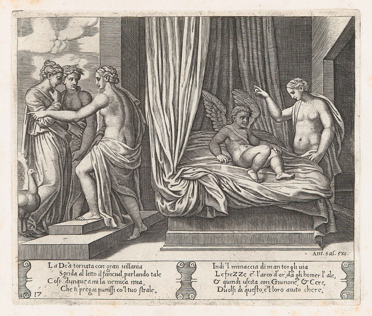 Plate 17: Venus chastising Cupid, who sits on a bed, with Psyche at right, from "The Story of Cupid and Psyche as told by Apuleius" — Antonio Salamanca|Master of the Die|Michiel Coxie (I)
