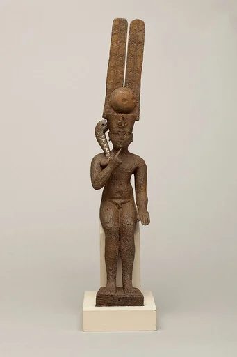 Seated Harpokrates with the crown of Amun, named as "Harpokrates-the-great, the eldest, the first of Amun"