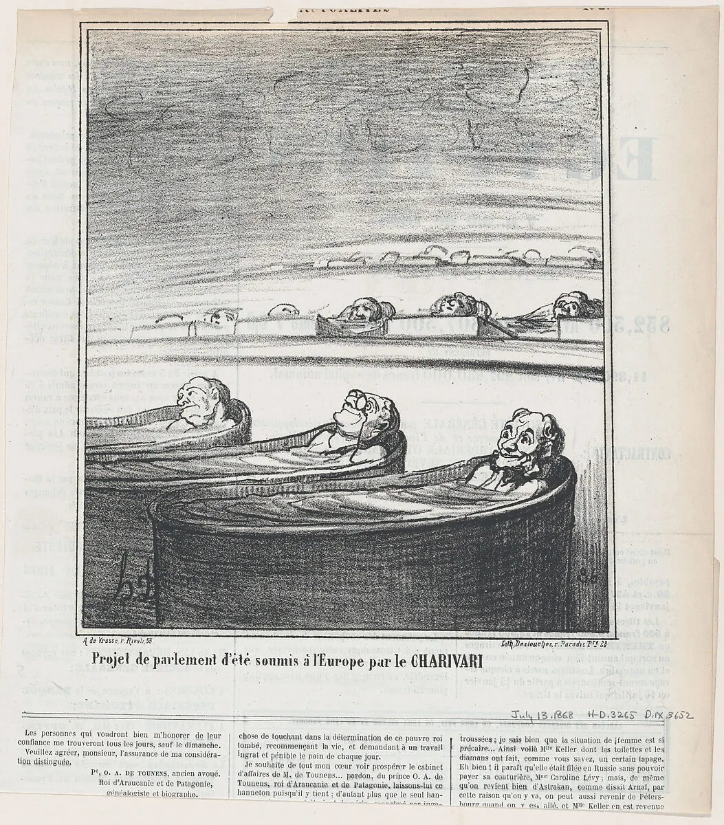 Idea for summer parliament submitted to Europe by the Charivari, from 'News of the day,' published in Le Charivari, July 13, 1868 — Honoré Daumier|Arnaud de Vresse|Destouches