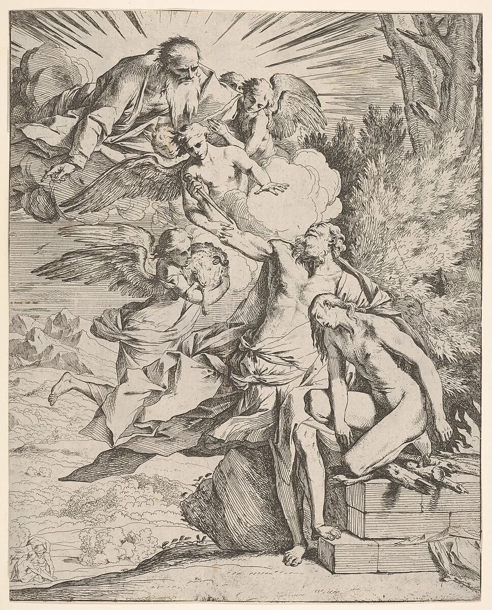 Sacrifice of Isaac: an angel presses against the dagger-bearing arm of Abraham, who stands next to Isaac on an altar, God the Father and an angel bearing a lamb approach from the left — Pietro Testa