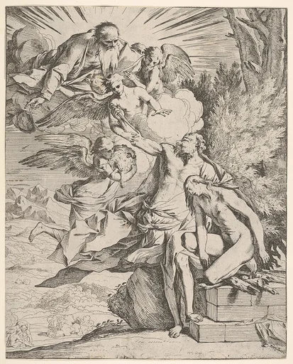 Sacrifice of Isaac: an angel presses against the dagger-bearing arm of Abraham, who stands next to Isaac on an altar, God the Father and an angel bearing a lamb approach from the left