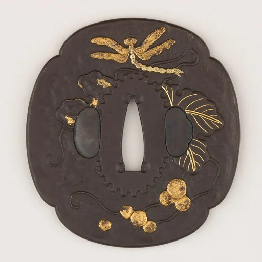 Sword Guard (<i>Tsuba</i>) With the Motif of Dragonfly in Grapevine (葡萄に勝虫図鐔)