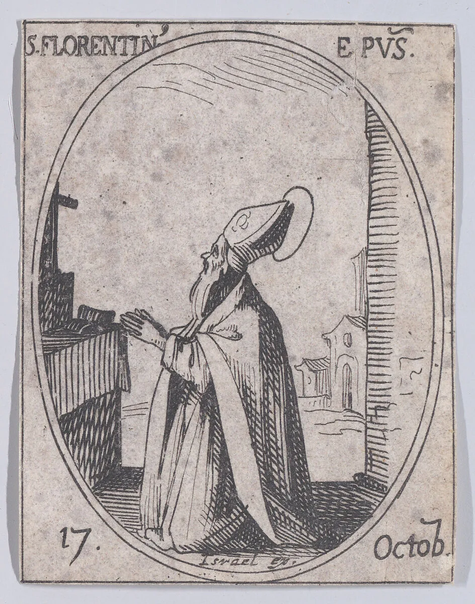 S. Florentin, évêque (St. Florentius, Bishop), October 17th, from "Les Images De Tous Les Saincts et Saintes de L'Année" (Images of All of the Saints and Religious Events of the Year) — Jacques Callot|Israël Henriet