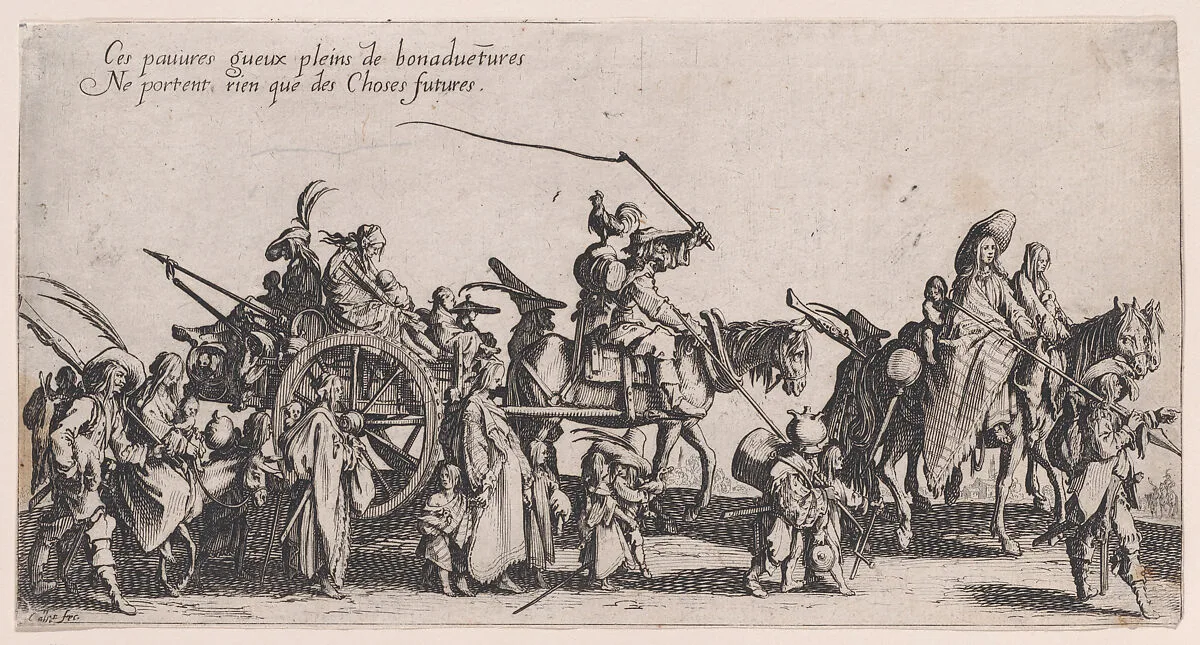 Les Bohémiens en Marche: L'Arrière-Garde, pièce aussi appelée Le Départ (The Gypsies Travelling: The Rear Guard, also called The Departure), from Le Bohémiens, série appelée aussi Les Égyptiens, La Marche des Bohémiens, La Vie Errante des Bohémiens, Les Marches Égyptiennes (The Gypsies, series also called The Egyptiens, The Gypsy Troops, The Wandering Lives of Gypsies, The Egyptian Troops) — Jacques Callot