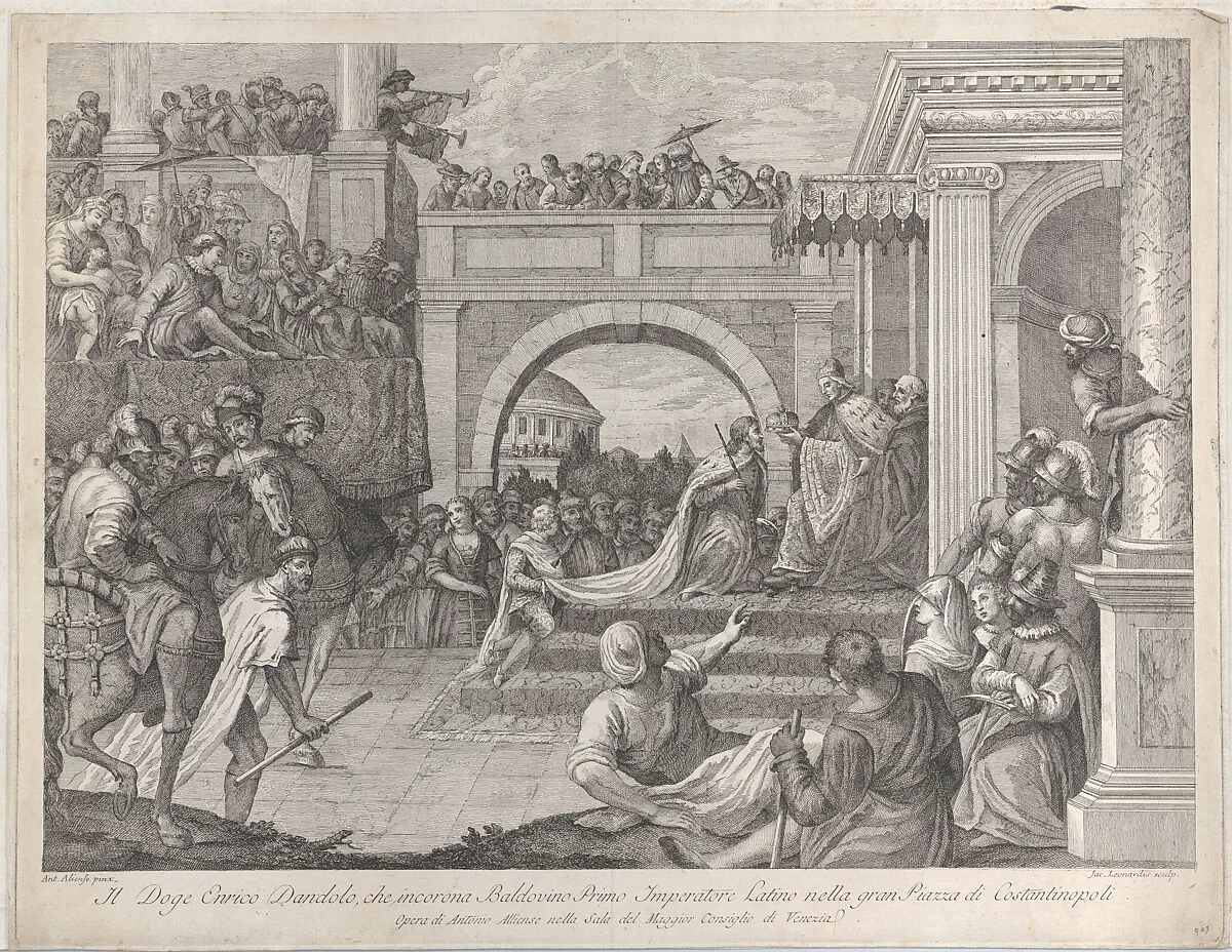 Doge Enrico Dandolo crowns Baldovino the first emperor of the Latin Empire of Constantinople — Giacomo Leonardis|Doge Enrico Dandolo|Baldwin I, Latin Emperor|Antonio Vassilacchi (called "Il Aliense")