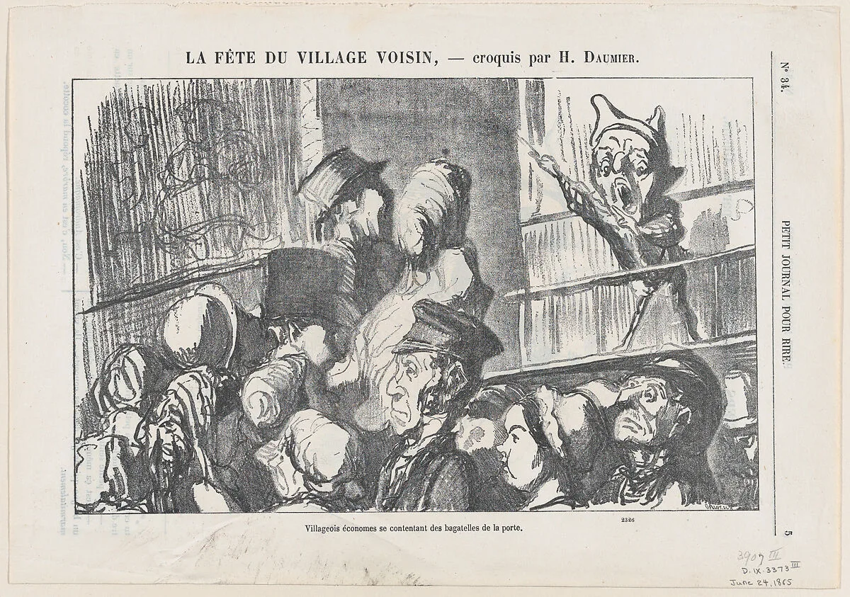 Thrifty villagers, satisfied watching the presentation from the outside, from 'A celebration in the neighboring village,' published in Le Petit Journal pour Rire, June 24, 1865 — Honoré Daumier