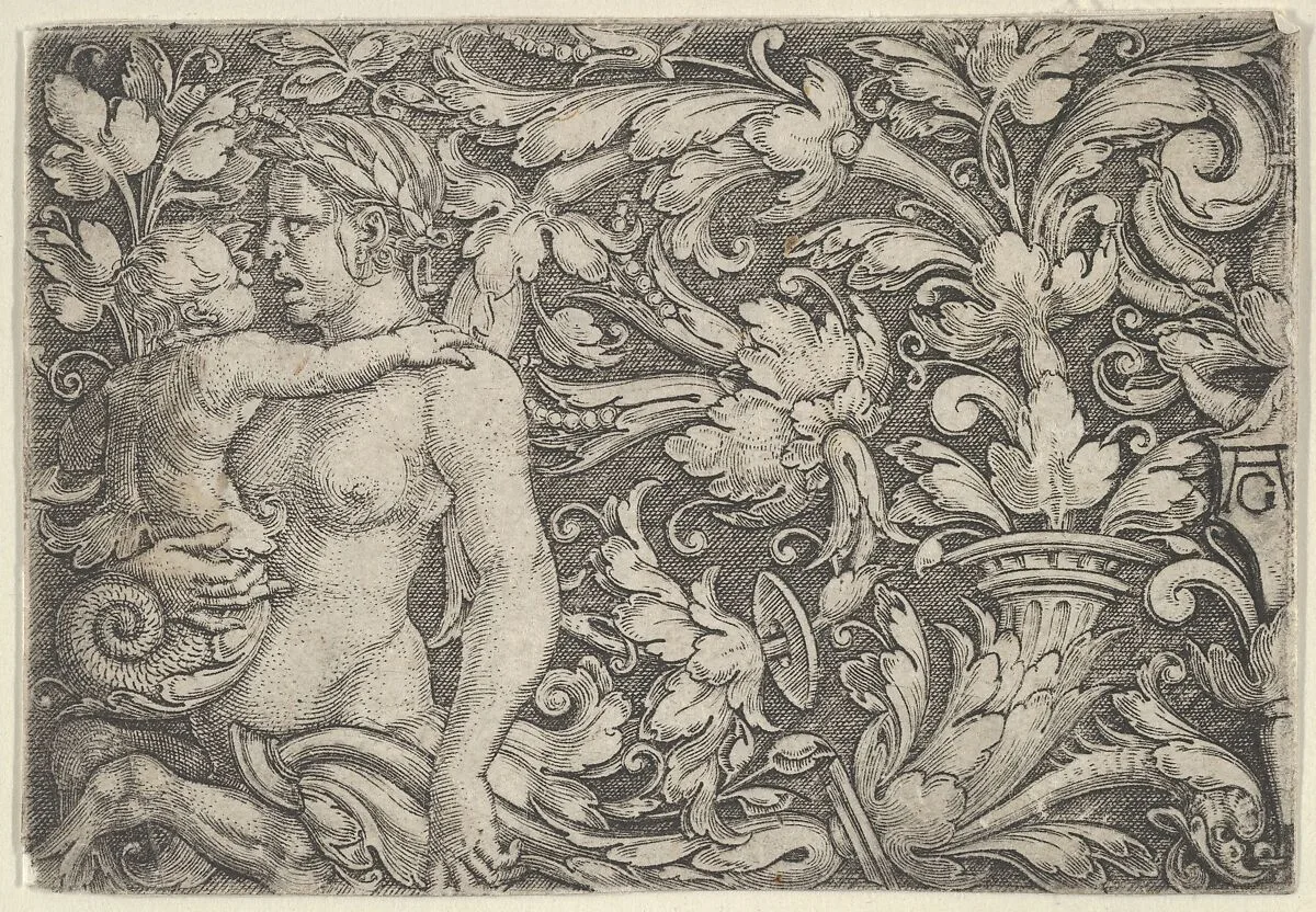 Horizontal Panel with Triton and Child Surrounded by Foliage — Heinrich Aldegrever