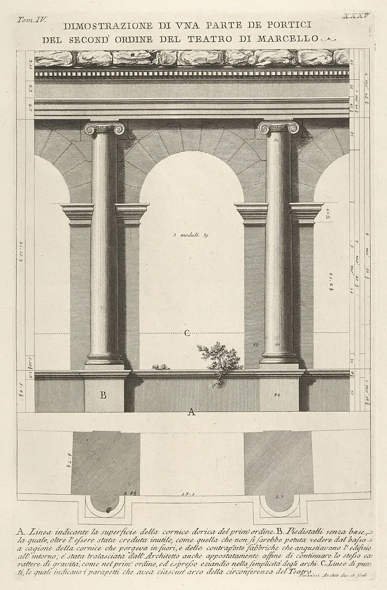 Elevation and plan of the second-order portico at the Theater of Marcellus (Teatro di Marcello), Rome, from the series 'Le Antichità Romane' — Giovanni Battista Piranesi