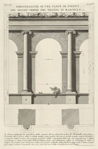 Elevation and plan of the second-order portico at the Theater of Marcellus (Teatro di Marcello), Rome, from the series 'Le Antichità Romane'