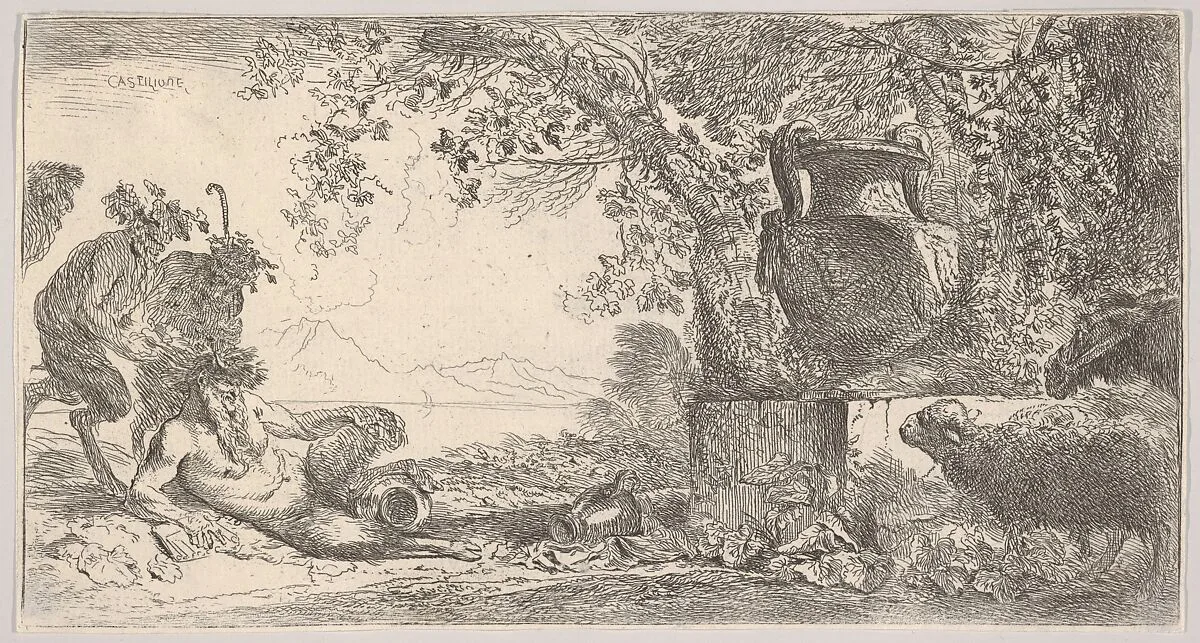 Pan reclining at left with two standing satyrs, a large vase on a pedestal at right — Giovanni Benedetto Castiglione (Il Grechetto)