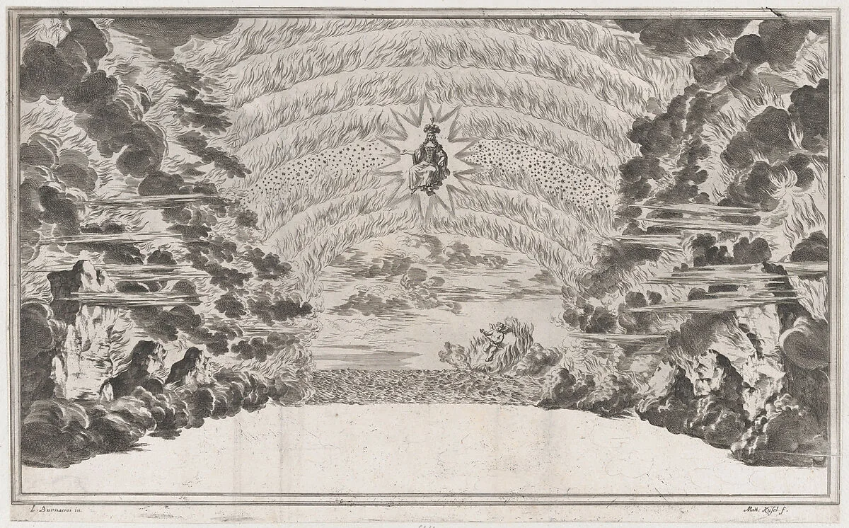 A female figure in glory at center, surrounded by burning rocks; below Cupid sailing on a burning chariot; set design from 'Il Pomo D'Oro' — Ludovico Ottaviano Burnacini|Mathäus Küsel