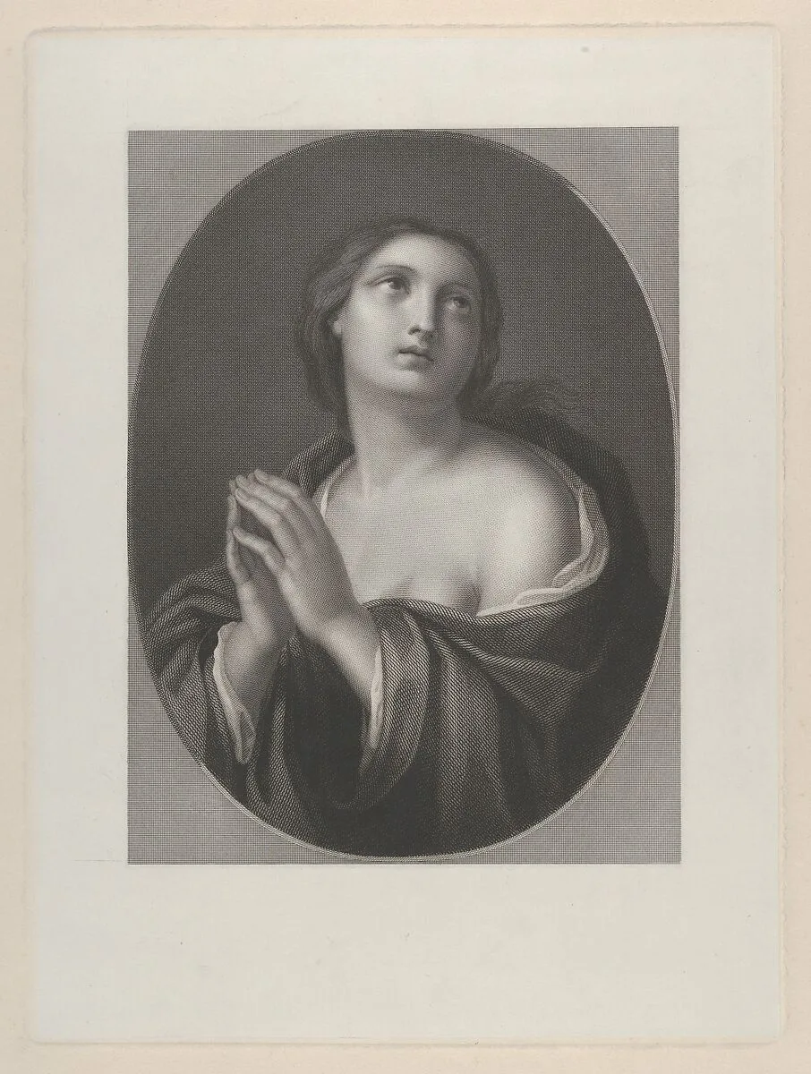 Female personification of Hope looking up with hands held together and left shoulder exposed, in an oval frame, after Reni — Anonymous|Guido Reni