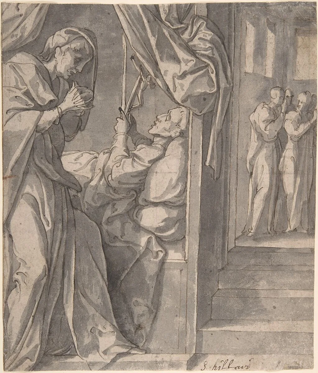 The Death of Saint Hilary; verso: Sketch of an Arm — Jan van Scorel