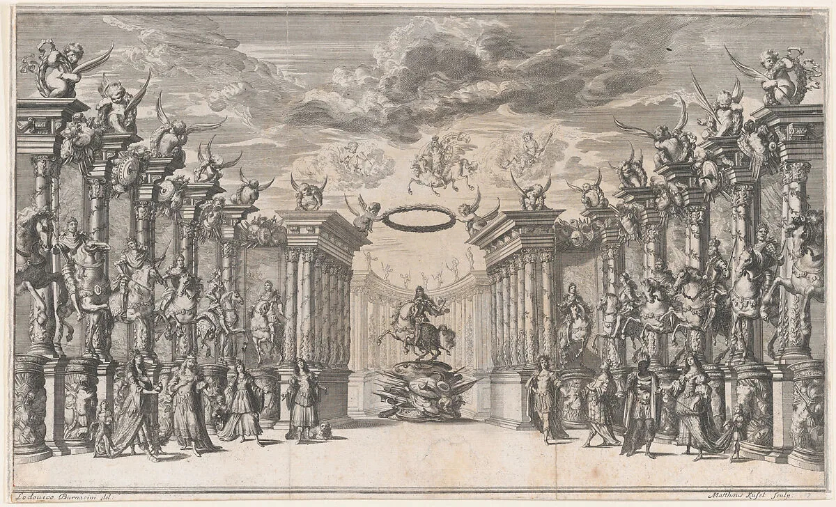 The Triumph of Austria; Leopold I at center, mounted on a reared horse, atop a military trophy; surrounded by equestrian portraits of the Holy Roman Emperors; set design from 'Il Pomo D'Oro' — Ludovico Ottaviano Burnacini|Mathäus Küsel