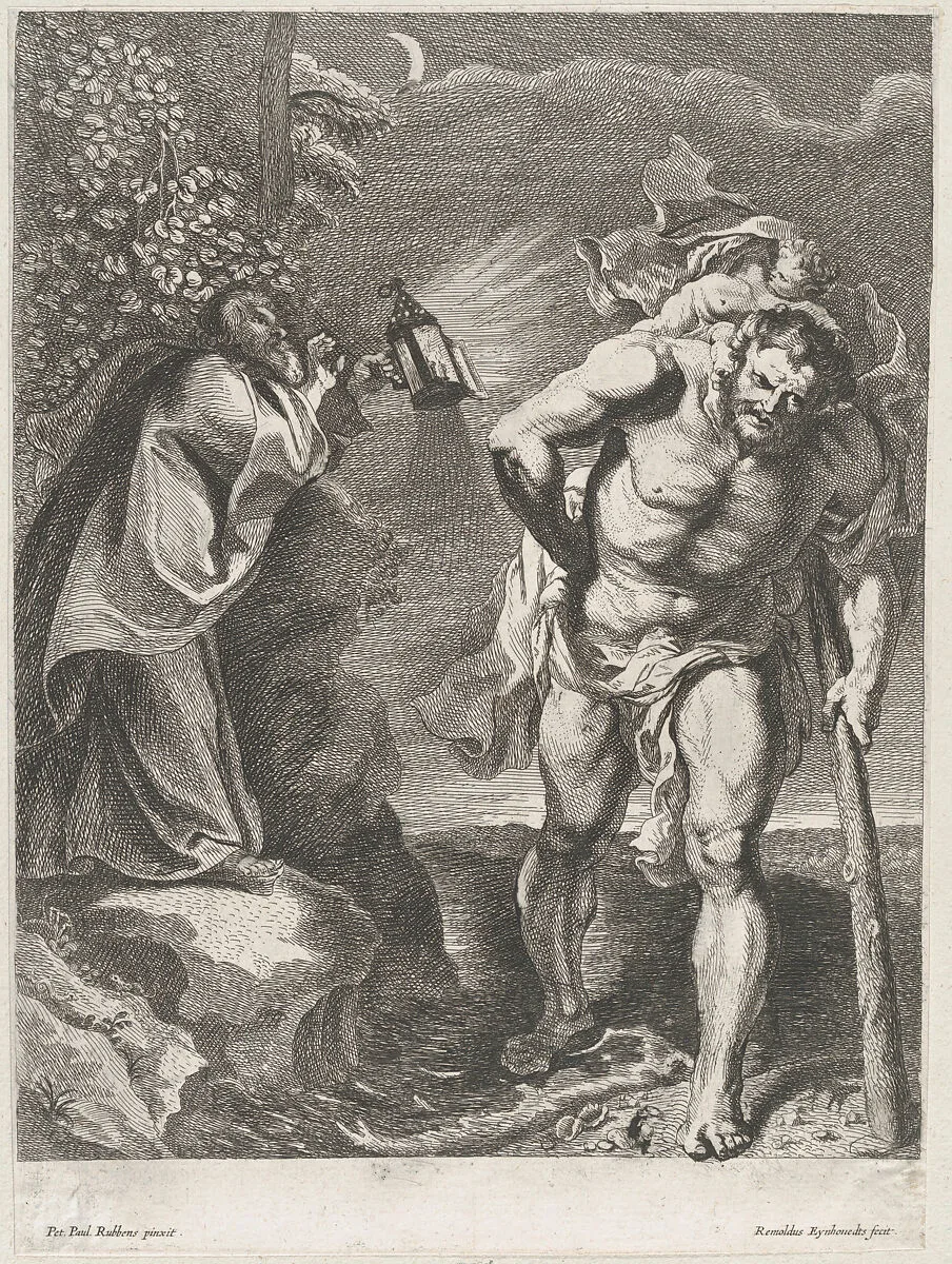 Saint Christopher carrying the Christ child across a stream, another man holding a lantern at left on the riverbank — Peter Paul Rubens|Rombout Eynhoudts