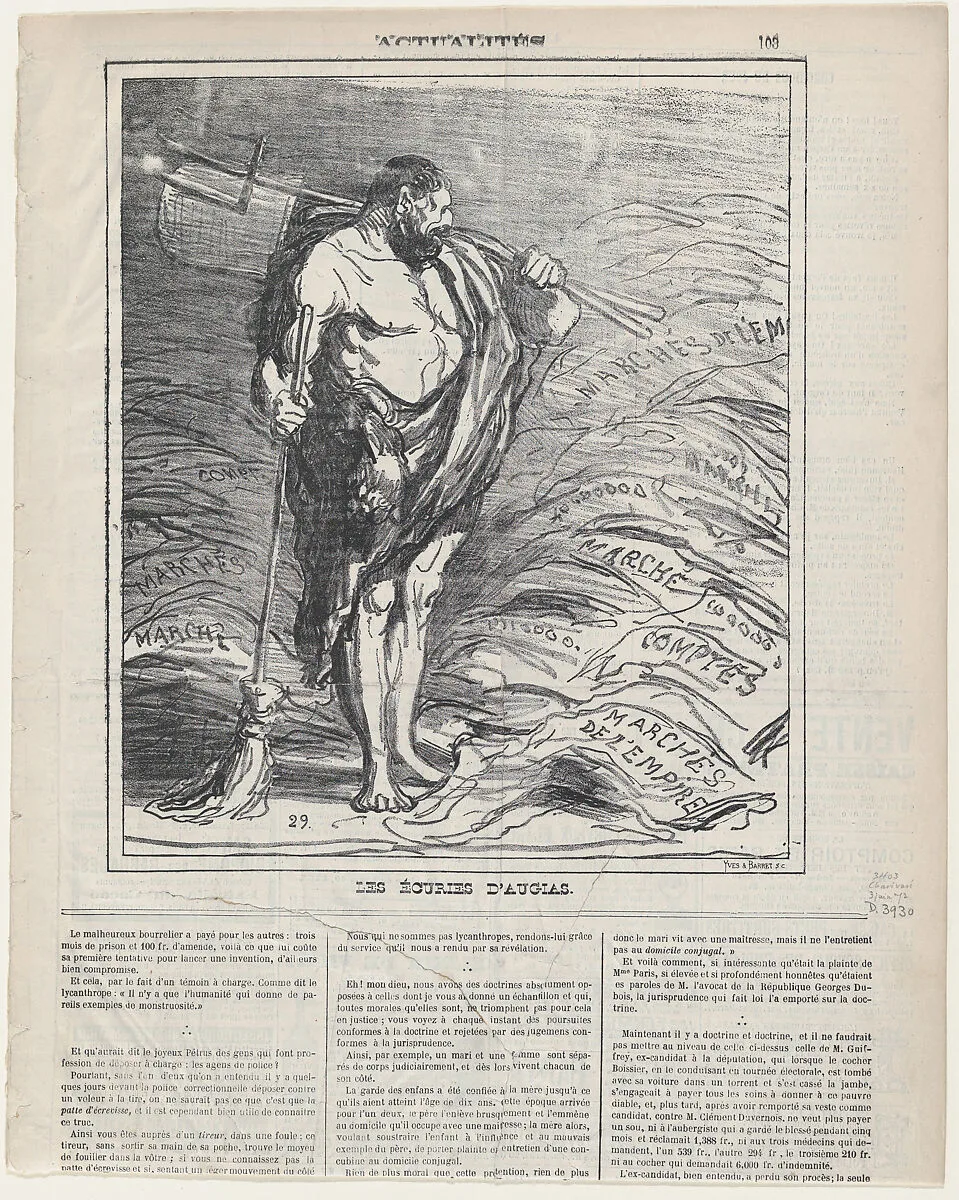 The Augeian stables, from 'News of the day,' published in Le Charivari, June 3, 1872 — Honoré Daumier