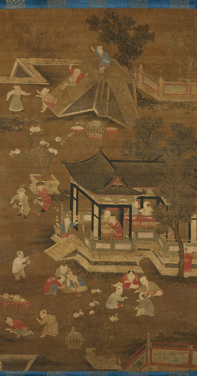 元末明初 佚名 絹本設色 嬰戯圖 軸|Children playing in the palace garden — Unidentified artist