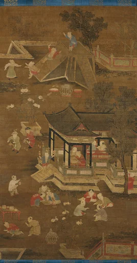元末明初 佚名 絹本設色 嬰戯圖 軸|Children playing in the palace garden