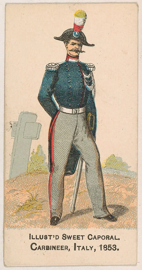 Carbineer, Italy, 1853 from the Military Series (N224) issued by Kinney Tobacco Company to promote Sweet Caporal Cigarettes — Kinney Brothers Tobacco Company