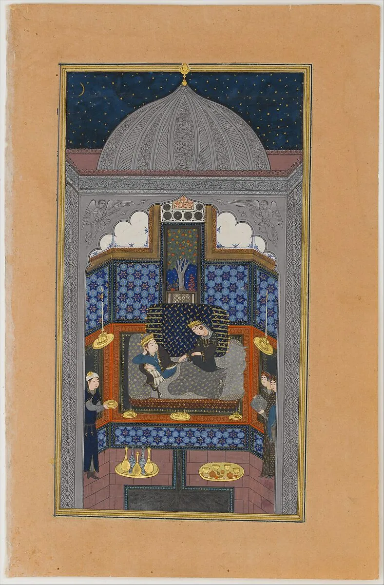 "Bahram Gur and the Indian Princess in the Dark Palace on Saturday", Folio 23v from a Haft Paikar (Seven Portraits) of the Khamsa (Quintet) of Nizami of Ganja — Maulana Azhar|Nizami