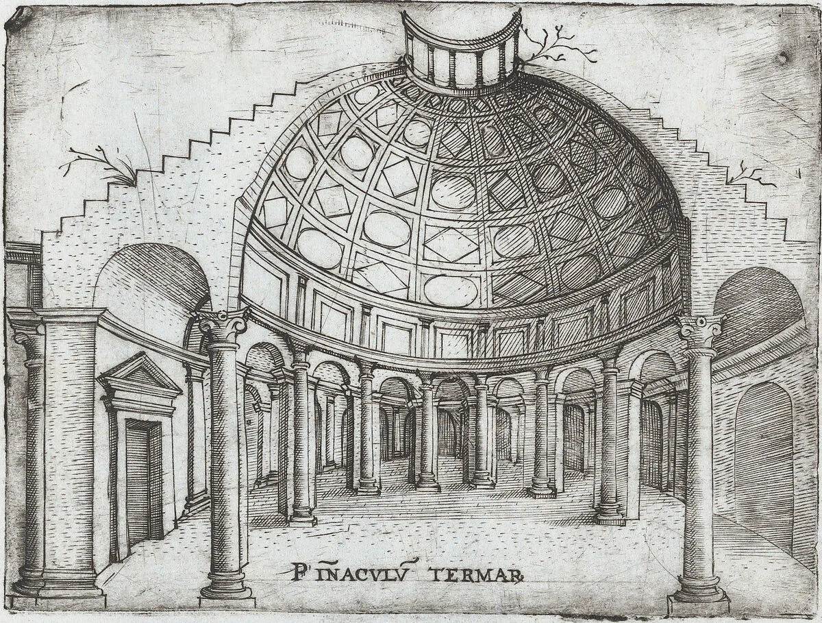Tem. Ro. Penatibus Dicatu, from a Series of Prints depicting (reconstructed) Buildings from Roman Antiquity — Monogrammist G.A. & the Caltrop