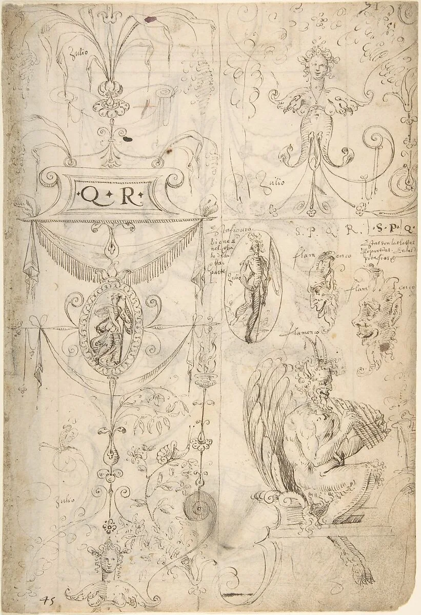Grotesques Designs with Various Inscriptions (recto); Candelabra Grotesque and Two Putti Holding Flowers (verso) — Andrés de Melgar