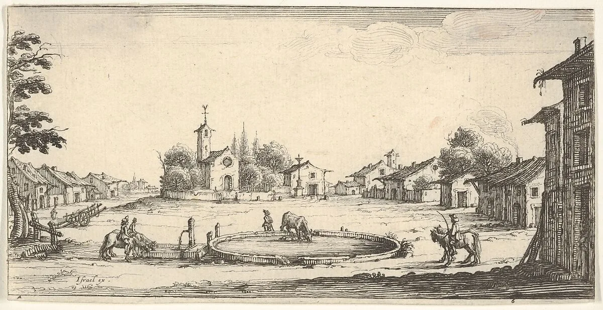 Plate 6: view of a village with a horse trough in center, horses and houses to either side, a church in center background — François Collignon|Israël Henriet