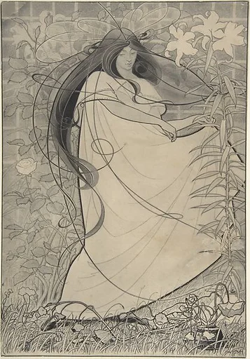Girl in a Flowing Dress Surrounded by Roses, Lilies and Nasturtiums