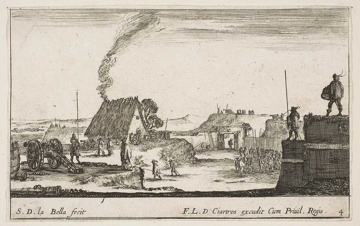 A military encampment with a soldier standing on a parapet to the right beating a drum, plate 4 from "Various Military Caprices" (Varii capricci militari) — Stefano della Bella|Pierre Mariette le fils