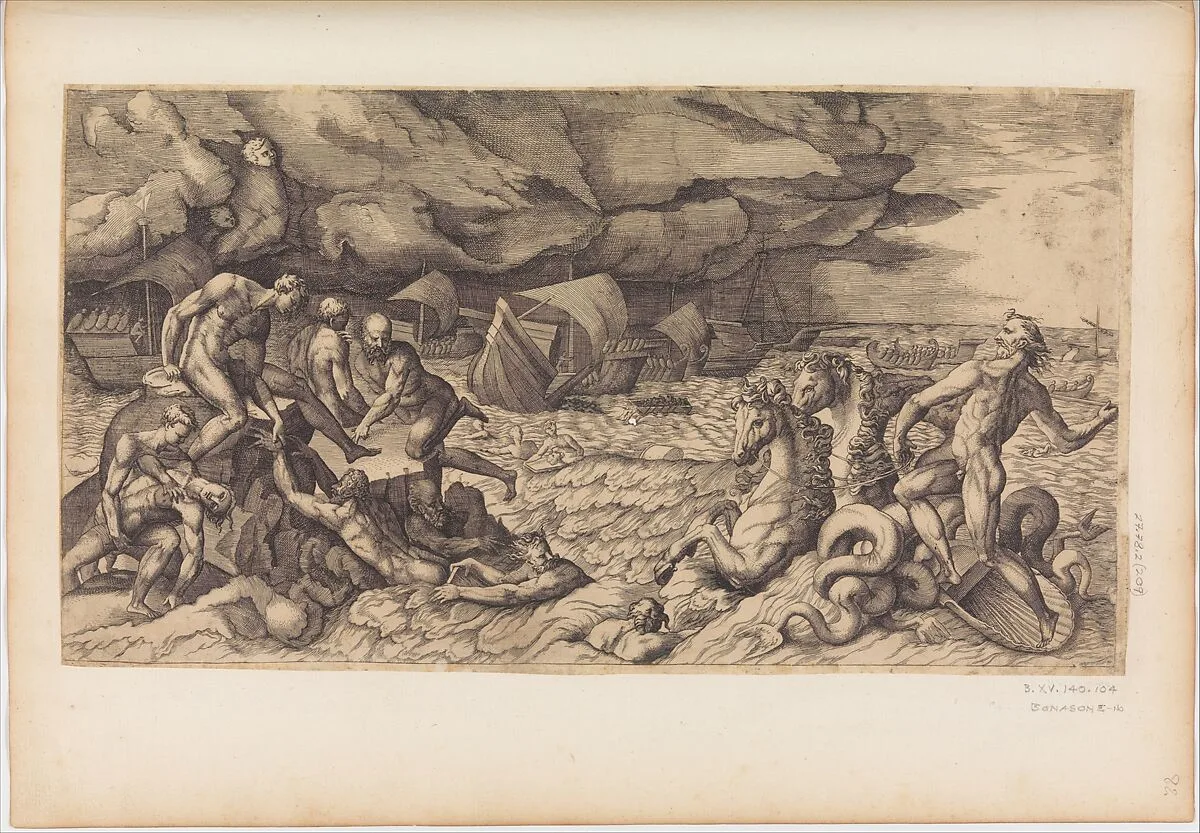 Neptune Calming the Tempest Raised Against the Fleet of Aeneas — Giulio Bonasone|Girolamo Fagiuoli|Perino del Vaga (Pietro Buonaccorsi)