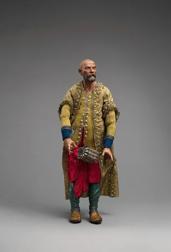 King in gold beaded coat, yellow vest, red pants with silver chest