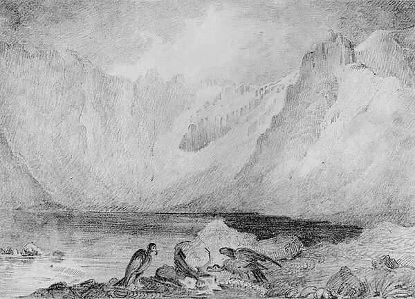 Sublime Landscape with Mountains, Lake, and Carrion Birds (from Hosack Album) — Unknown