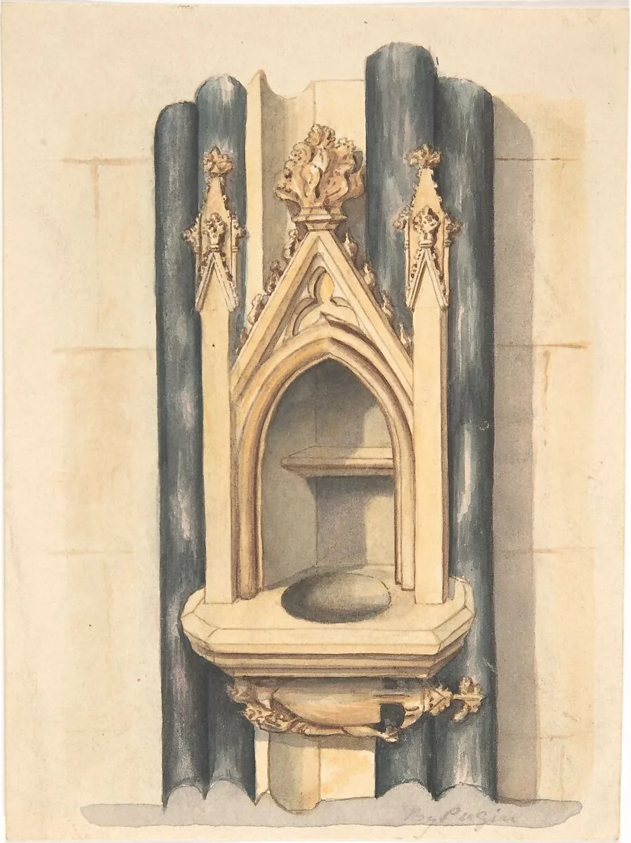 Design for baptismal font set between paired Purbeck marble columns — Auguste Charles Pugin